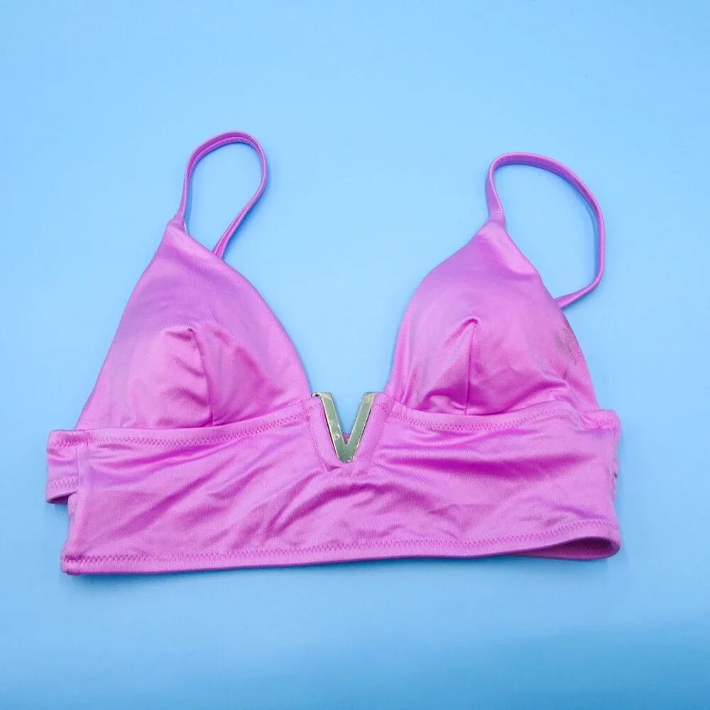 Victorias Secret Small Purple Silky Triangle Metal Bling Lined Padded Bikini Top